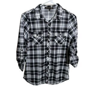 Always Indigo Blouse Women's Small Plaid Button Up 3/4 Sleeve Collared NWT